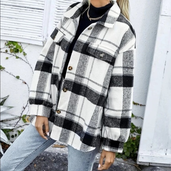 Plaid flannel black white button down top - Picture 1 of 4